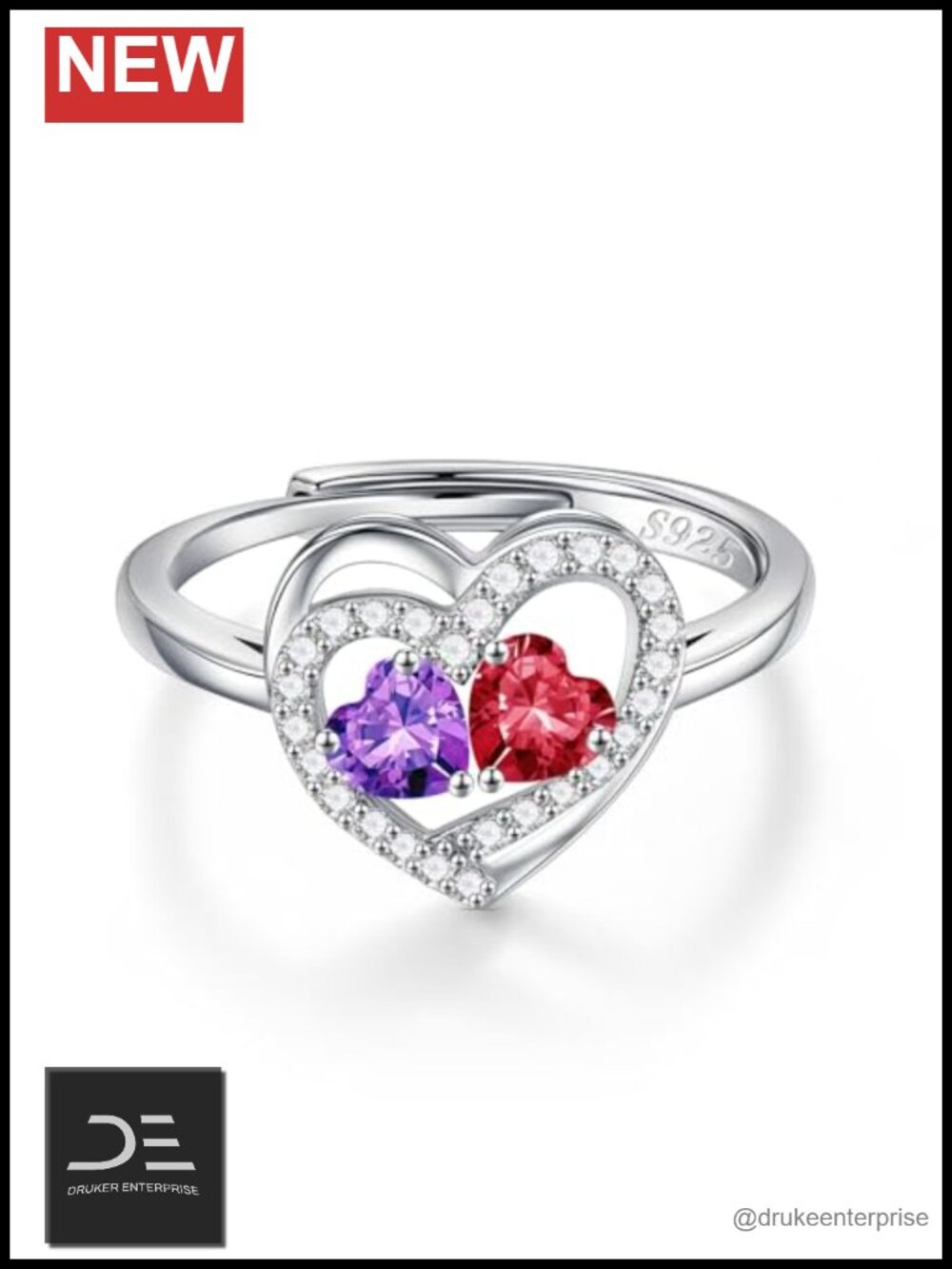 Sterling Silver White Gold Plated Cubic Zirconia Adjustable Birthstone Ring